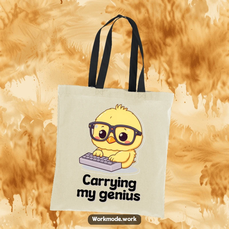 Funny yellow chick in big glasses typing on a tiny keyboard on a tote bag, ready to carry all your work essentials.