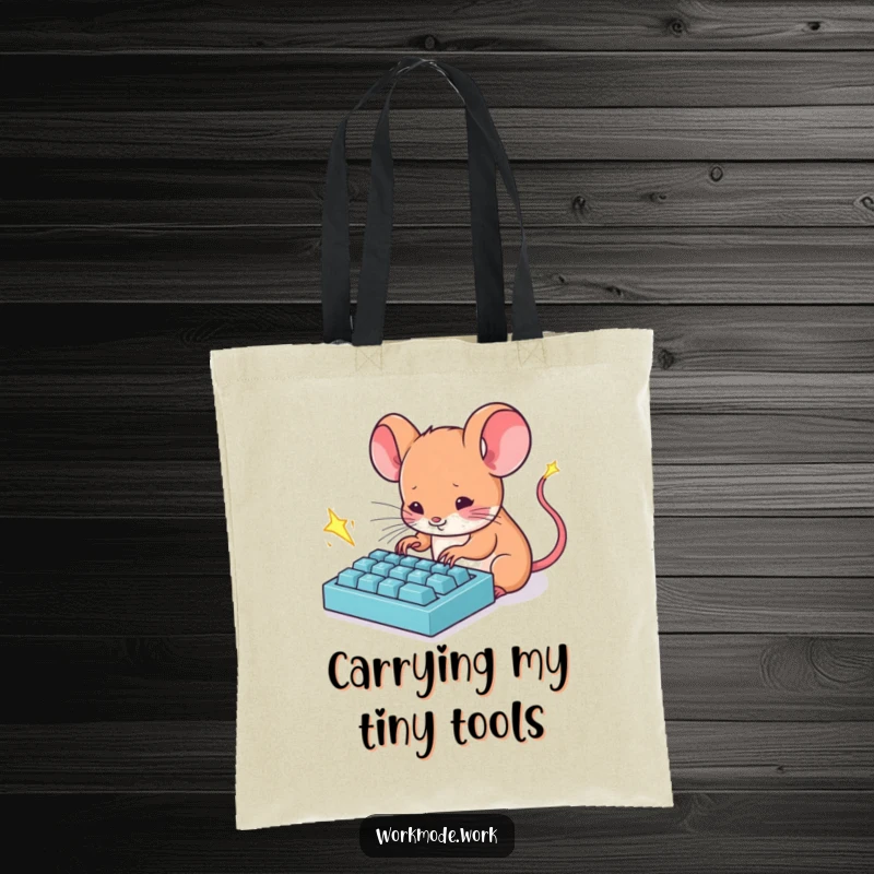 Funny Mouse Tote Bag: A tiny mouse furiously types on a miniature keyboard with sparks flying, a humorous accessory.
