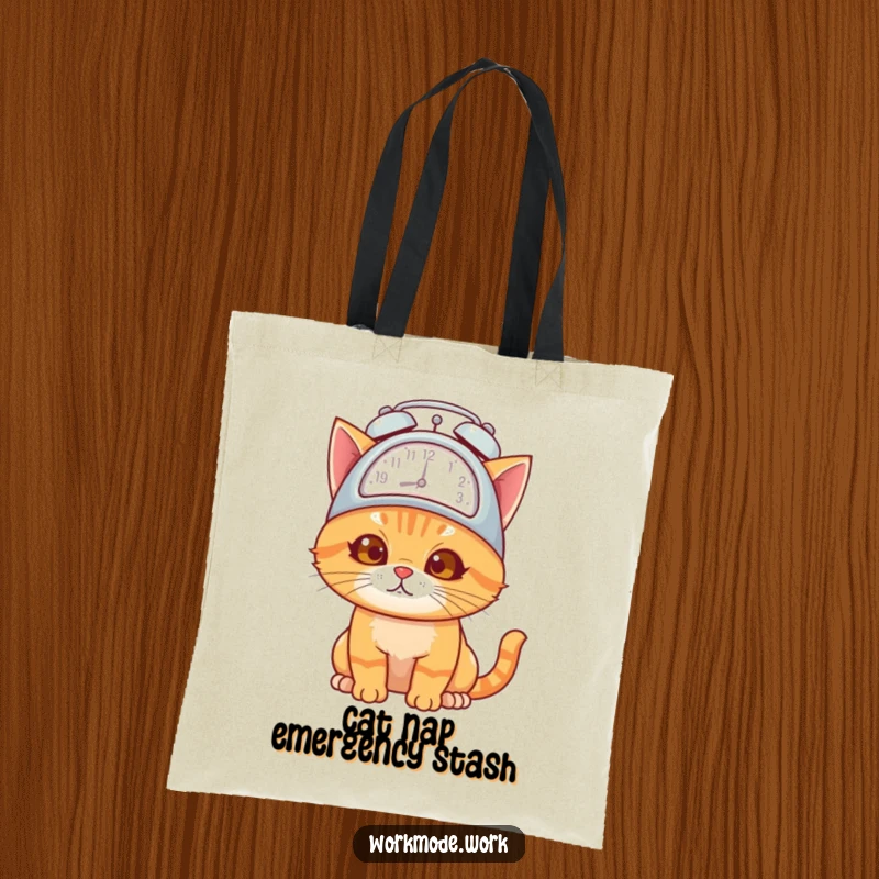 Funny orange cat with an alarm clock hat, looking overwhelmed but determined, printed on a durable tote bag.
