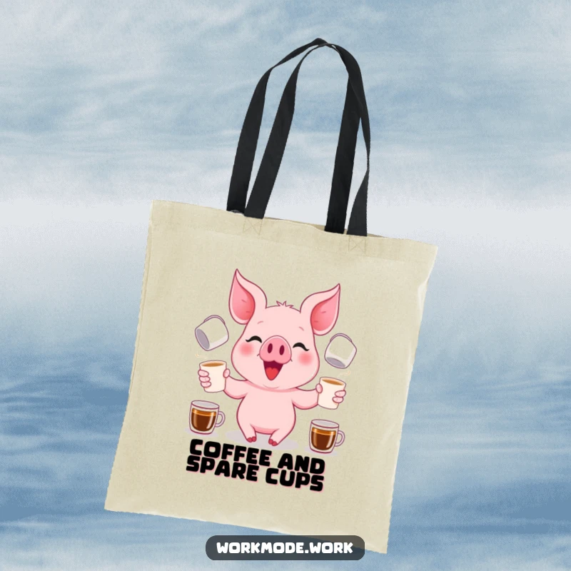 Funny happy pink piglet with a focused grin, juggling several coffee cups, designed on a sturdy tote bag.
